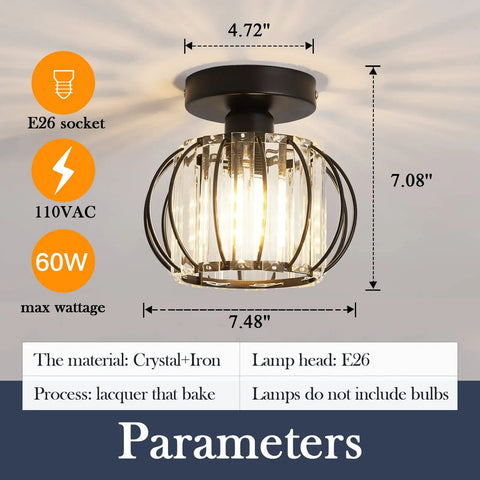 Two Pack Semi Flush Mount Ceiling Light Fixture With Lit Crystal Chandelier Style Modern Mini Indoor Ceiling Lamp For Bathroom Hallway Foyer Porch And Closet Black Rustic Glam with crystal and iron frame
