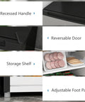 Solid 3 Cubic Foot Compact Upright Freezer With No Fuss Controls And Reversible Door Plays Nice In Tight Apartments Or Busy Kitchens While Keeping Your Frozen Stash Ice Cold In Bright Silver showing recessed handle, reversible door, storage shelf, and adjustable foot pad.
