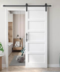 White 30x84 Inch Barn Door With 5.5 Foot Sliding Hardware Kit Included And Handle Solid Wood And MDF Core With PVC Surface Easy DIY Assembly 5 Panel Design Fits 27 To 28 Inch Opening