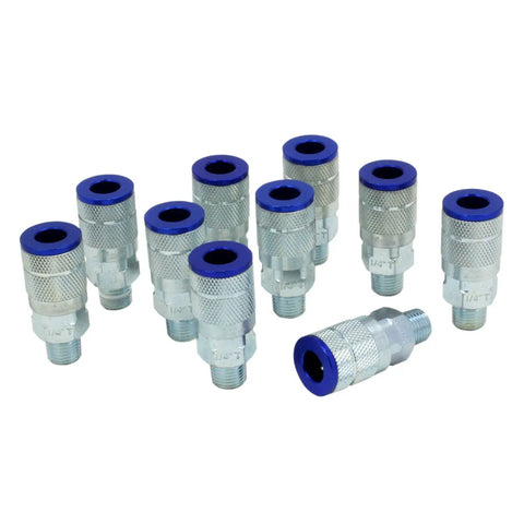 Blue T-Style Pneumatic Couplers One Quarter Inch NPT Male Box Of 10 No Fuss Quick Connects Color Coded For Air Lines High And Low Pressure