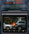 Dual 4K Front And Rear Dash Cam With 1080P Backup display showing parked vehicles and collision detection alert.
