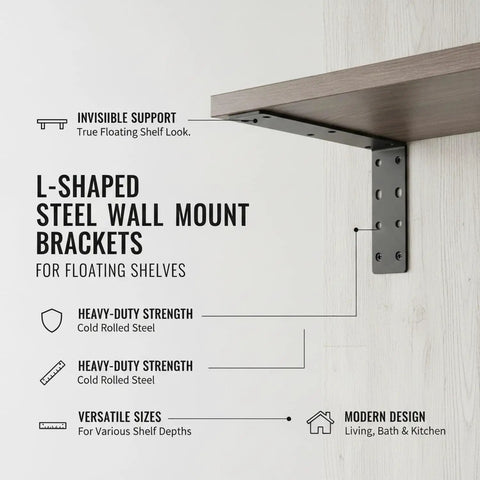 L Shaped Steel Wall Mount Brackets For Floating Shelves In Black, hidden in cold-rolled steel, supports shelf in living room.