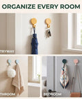 15 Pack Self Adhesive Wall Hooks With Hella Strong Grip No Drilling Damage Free Mounting for hanging keys, towels, and bags in various rooms.