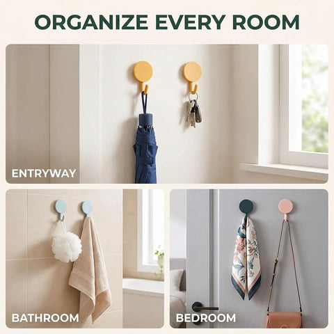 15 Pack Self Adhesive Wall Hooks With Hella Strong Grip No Drilling Damage Free Mounting for hanging keys, towels, and bags in various rooms.