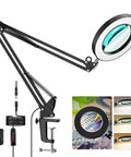 5X Magnifying Lamp With Clamp And Dimmable LED Light Hands Free Magnifier for crafts, featuring real glass lens and adjustable arm.