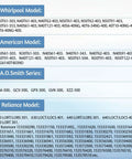 Water heater pilot assembly parts compatibility chart showing Whirlpool, American, A.O. Smith and Reliance models.