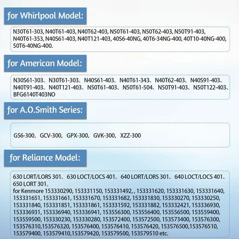Water heater pilot assembly parts compatibility chart showing Whirlpool, American, A.O. Smith and Reliance models.