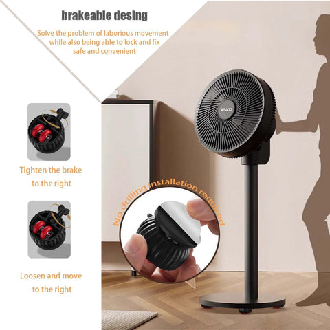 Black stand fan with brakeable design in living room, close-up of 4 Pack Self Adhesive Caster Wheels For Appliances And Furniture With Brake Mini 360 Degree Swivel Silent Rollers Heavy Duty Universal Wheels For Coffee Makers Refrigerators Ovens And More Easy Tool Free Installation.