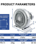Beefy 220V 380V Regenerative Blower For Factory Ventilation And Dust Removal, 1.5KW Vortex Ring Air Blower with dimensions and specifications.
