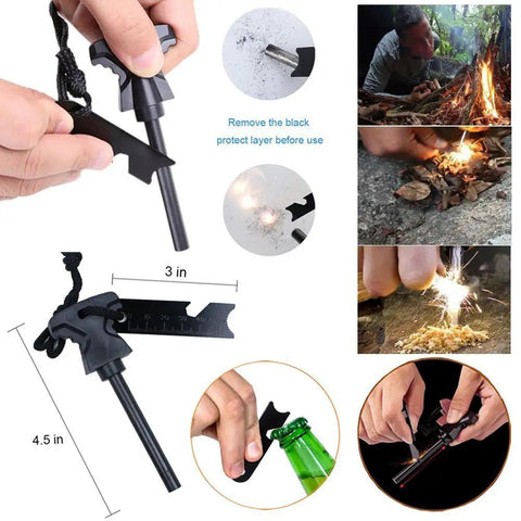 Close-up of 13 In 1 Emergency Survival Kit For Outdoor Adventures, showing fire starter in use among other survival tools.