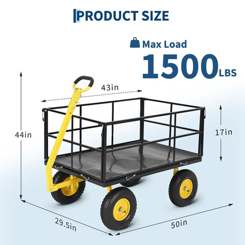 Workhorse 1500 Lb Folding Garden Wagon Cart with 3 in 1 outdoor utility trailer, mesh sides, and yellow handle, size dimensions.
