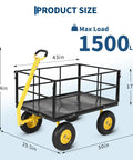 Heavy Duty Steel Mesh Garden Cart 1500 Lb Load, 3 In 1 Convertible Wagon With Removable Sides, Folding Design shown with dimensions