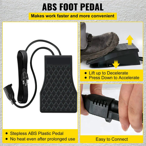 ABS foot pedal for Beast Pro Grade Flex Shaft Grinder Kit, showing stepless design and easy connection, includes plug and cord.