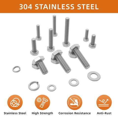 Heavy Duty Metric Bolt And Nut Assortment Kit With 408 Pieces Of M5 M6 M8 Hex Bolts Nuts And Washers In 304 Stainless Steel, showing bolts and washers