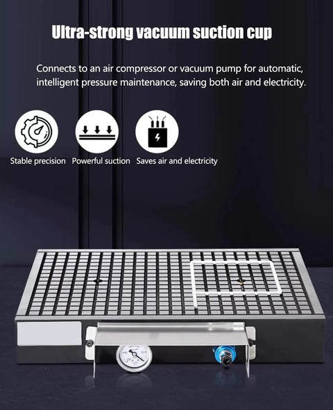 Ultra-strong CNC vacuum chuck and suction base plate, 200x200mm, mold steel design for router milling on metal or plastic workpieces.