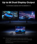 Laptop connected to 14-In-1 Thunderbolt 5 Docking Station With 120Gbps Transfer, dual 8K displays, and racing game visuals.