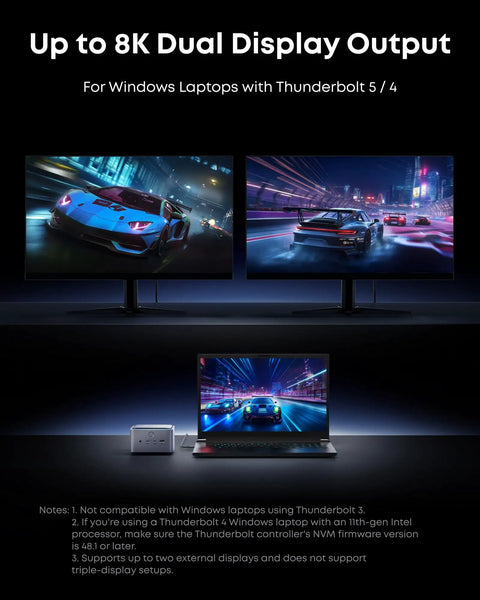 Laptop connected to 14-In-1 Thunderbolt 5 Docking Station With 120Gbps Transfer, dual 8K displays, and racing game visuals.