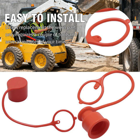 Three Pack Three Quarter Inch Flat Face Hydraulic Quick Coupler Dust Caps and Plugs Red Rubber Skid Steer Coupling Covers Replacement for Bobcat and Other Compatible Equipment shown next to skid steer on construction site.