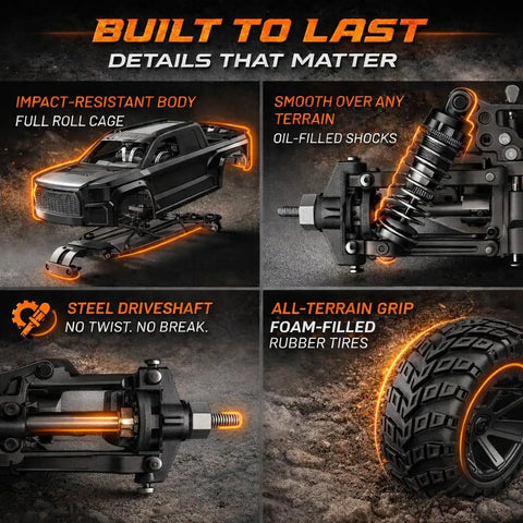Brushless Fast RC Car With 56 Plus MPH, Standing Backflip Ready, One Sixteen Scale 4WD Monster Truck features detailed parts