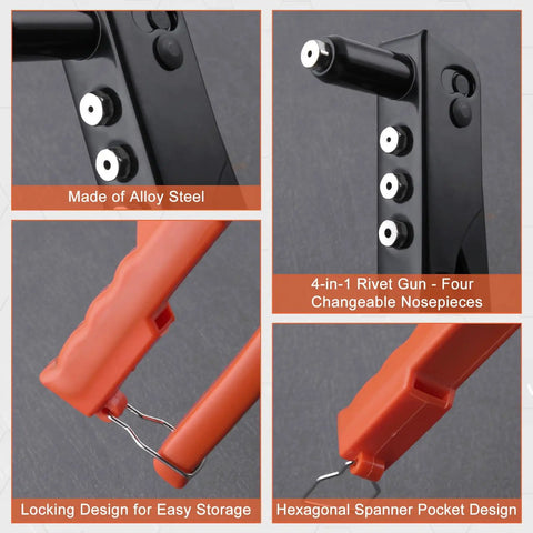 Beast Mode Heavy Duty 4-In-1 Rivet Gun Kit With 100 Rivets For Metal Plastic Leather Interchangeable Nosepieces alloy steel close-up