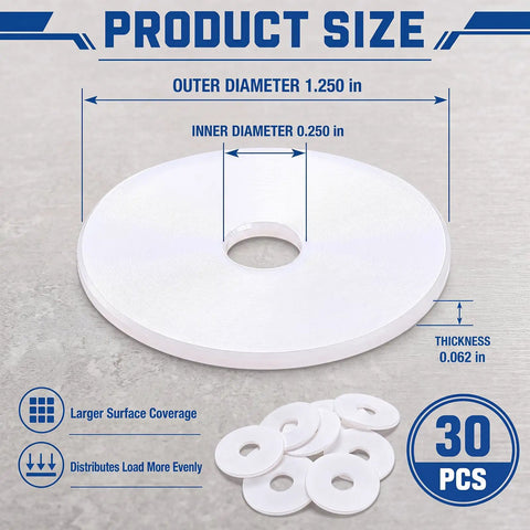 30 Piece Backyard Boss Nylon Flat Washers 1 1/4 Outer Diameter By 1 16 Inch Thick White Bulk Pack product size diagram
