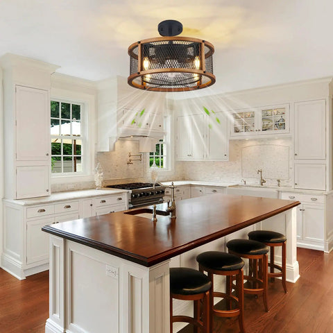 Dope Industrial Farmhouse Ceiling Fan With Lights, Caged Wood Design, in a kitchen with white cabinets and island, 6-Speed