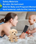 Parent and baby with Replacement Smart TV Remote With Solar And USB C Fast Charge Universal Compatibility Voice Control And Bluetooth Rechargeable Solar Cell Battery Includes Free USB C Cable Longer Battery Life No Battery Hassles 2 Year Warranty, lying on white carpet in cozy room with safety material features highlighted in blue panel.