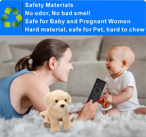 Parent and baby with Replacement Smart TV Remote With Solar And USB C Fast Charge Universal Compatibility Voice Control And Bluetooth Rechargeable Solar Cell Battery Includes Free USB C Cable Longer Battery Life No Battery Hassles 2 Year Warranty, lying on white carpet in cozy room with safety material features highlighted in blue panel.