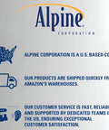 Alpine Corporation logo on white background with a blue US map icon and shipping/customer service text.