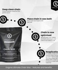 Enigma Ultimate Chain Wax packaging with instructions on deep cleaning, waxing, optimizing, and reapplying for chains.
