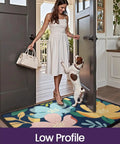 Woman and dog on Colorful Floral Front Door Mat 17x30 Outdoor Entrance Doormat Slip Resistant Dirt Trapper For Patio Porch Garage