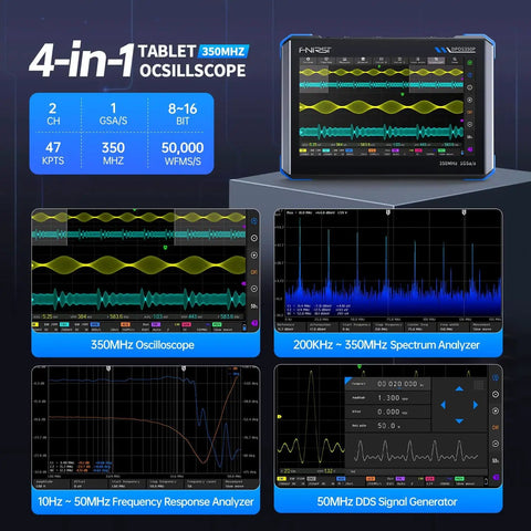 4-in-1 On-The-Go Handheld Oscilloscope With 350 MHz Bandwidth, 1 GSa/s, 2-Channel, 7 Inch Touchscreen, Digital Phosphor Display