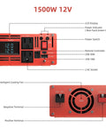 No Sweat Heavy Duty 1500 Watt Pure Sine Wave Power Inverter DC 12V To 120V AC with LCD panel, dual AC outlets, and USB ports.
