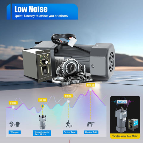 Heavy Duty Beefed Up 250W AC Gear Motor With Speed Controller, low noise design with gears displayed, suitable for conveyor, mixer.