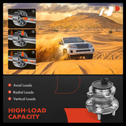 Diagram and image of Rear Wheel Bearing And Hub Assembly Pair For Ford Transit Connect 2014 2015 2016 2017 2018 5 Lug Heavy Duty Replacement With High Radial And Axial Load Capacity Two Pack Beefed Up Durable Rear Hub Bearings highlighting load capacities.