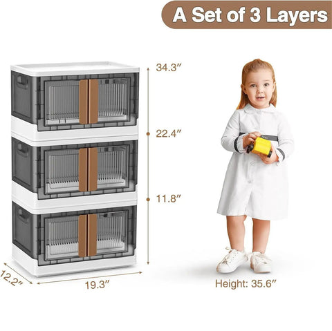 Stackable Storage Bins With Lids And Wheels Foldable 8.5 Gallon Totes with child for size comparison
