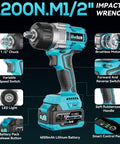 Half Inch Cordless Impact Wrench With 900 Ft Lbs Torque, 1200 Nm Brushless Motor, 2300 RPM, LED Light, Two 4Ah Batteries, Four Sockets, Variable Speed Power Tool For Car Lug Nut Removal And Tire Jobs, 1/2 inch chuck