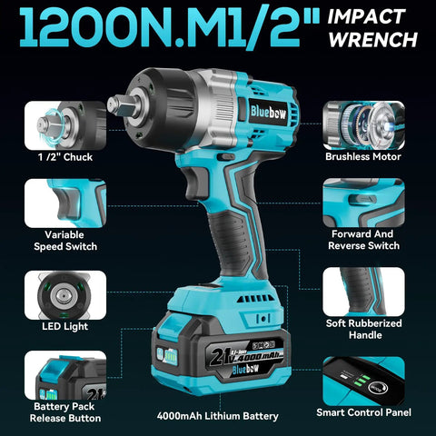 Half Inch Cordless Impact Wrench With 900 Ft Lbs Torque, 1200 Nm Brushless Motor, 2300 RPM, LED Light, Two 4Ah Batteries, Four Sockets, Variable Speed Power Tool For Car Lug Nut Removal And Tire Jobs, 1/2 inch chuck