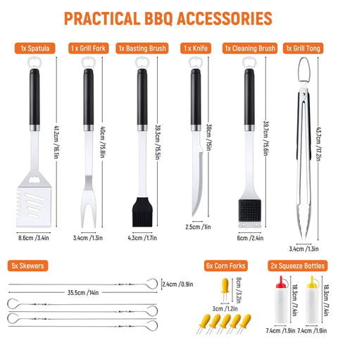 Stainless Steel 19 Piece BBQ Tools Set With Tongs Spatula Fork Knife Basting Brush Cleaning Brush 6 Corn Forks 5 Skewers 2 Squeeze Bottles shown