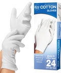 Person wearing Moisturizing Eczema Cotton Gloves Extra Large 24 Pairs with product box showing glove details.