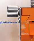 Close-up of Double Hole Positioning Locator Drill Guide Jig with adjustable clamping, showing precision scale and knob.