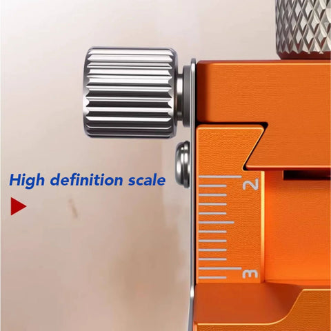 Close-up of Double Hole Positioning Locator Drill Guide Jig with adjustable clamping, showing precision scale and knob.