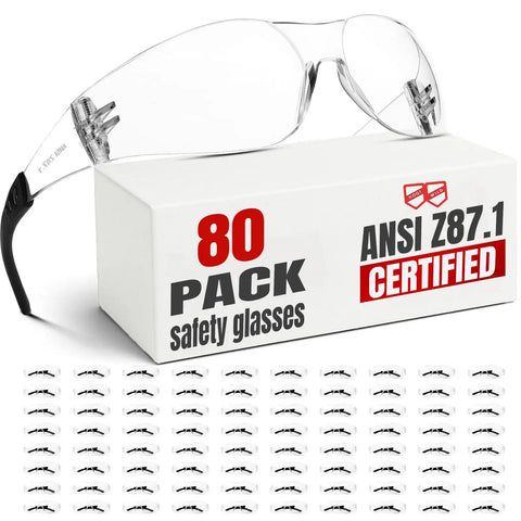 Clear Safety Glasses Bulk 80 Pack For Construction, Lab And Outdoor Work, ANSI Z87.1 Approved on box and individual glasses