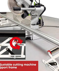 Adjustable height support frame beside a table saw, featuring a folding design and sturdy steel construction from Workhorse Adjustable Height Table Saw Rollers Heavy Duty Fold Flat Cutting Machine Sidekick Support Frame Rust Resistant Steel Pro Shop Tools Set Four.