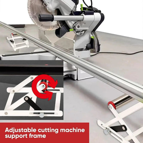 Adjustable height support frame beside a table saw, featuring a folding design and sturdy steel construction from Workhorse Adjustable Height Table Saw Rollers Heavy Duty Fold Flat Cutting Machine Sidekick Support Frame Rust Resistant Steel Pro Shop Tools Set Four.