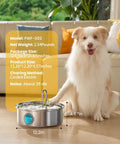 7L Stainless Steel Dog Water Fountain With Visual Water Level Ultra Quiet Pump Five Stage Filtration, dog beside dispenser