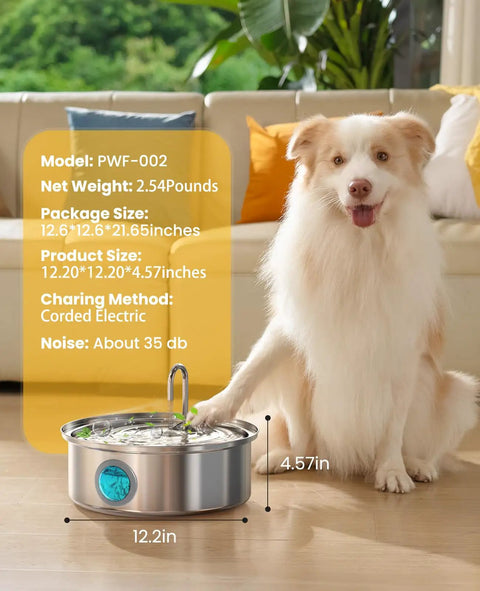 7L Stainless Steel Dog Water Fountain With Visual Water Level Ultra Quiet Pump Five Stage Filtration, dog beside dispenser