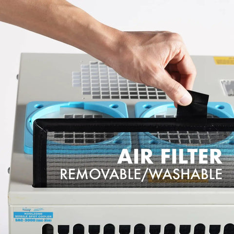 Removable air filter of Heavy Duty Indoor Outdoor Spot Cooler With Twin Ducts And Auto Oscillating Airflow, 10,236 BTU Power