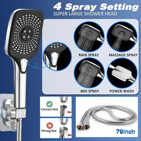Ultimate Dual Shower Head System With 12 Inch Rectangle Rain Shower Head And Handheld Sprayer 4 settings display