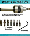 Rotary MT2 Broach Tool Holder With Square Broach Set Imperial kit shown with 7 square punches and Allen key